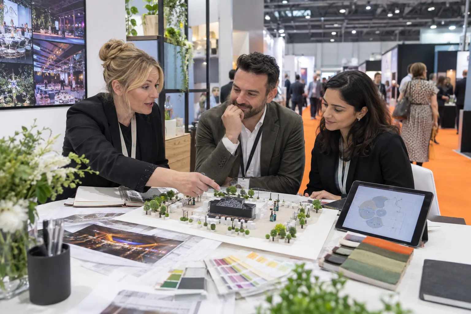 Illustrative event planners discussing a venue model and material samples