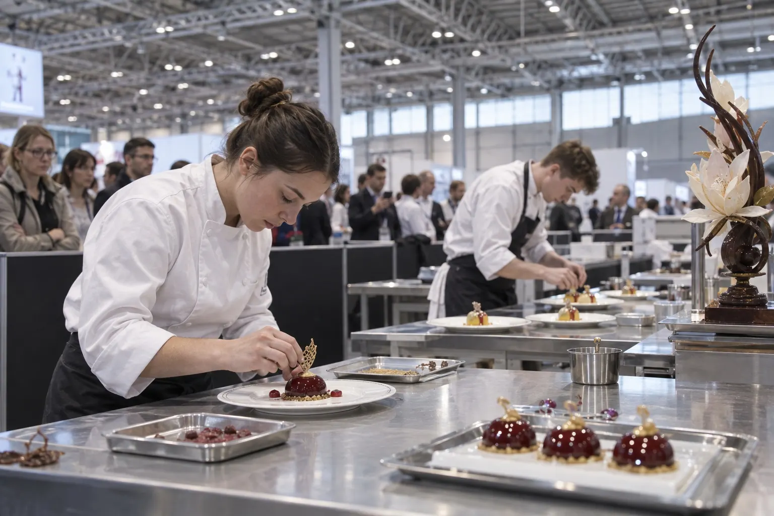 Illustrative chefs finishing plated pastries during a culinary competition