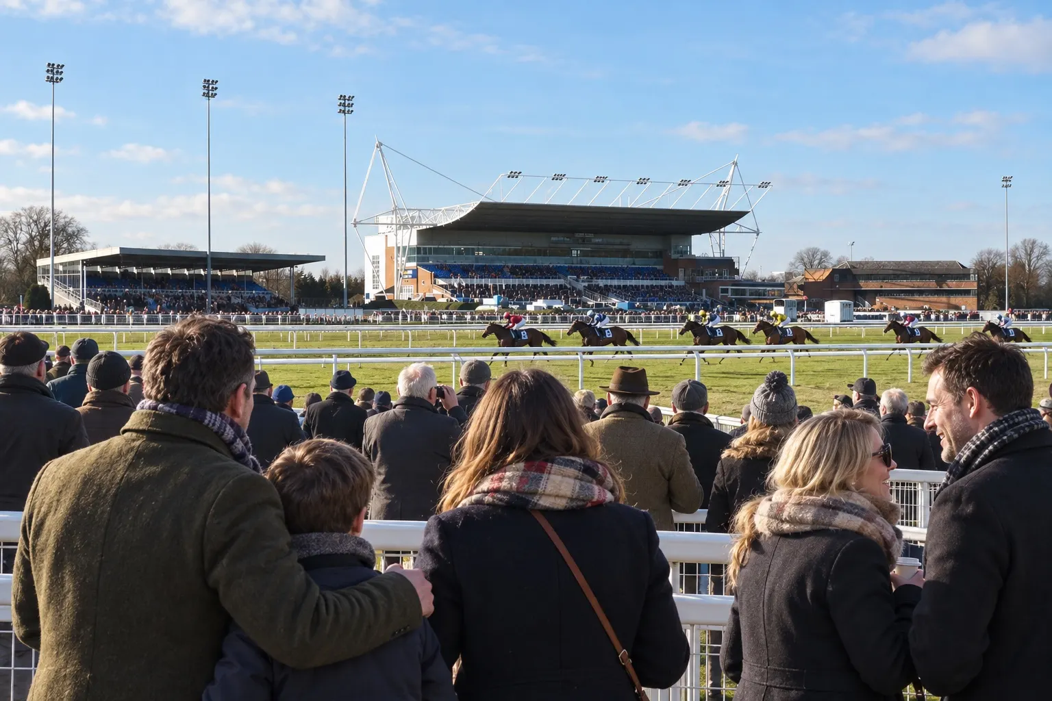 Illustrative winter racegoers watching the course beside Kempton Park's grandstand