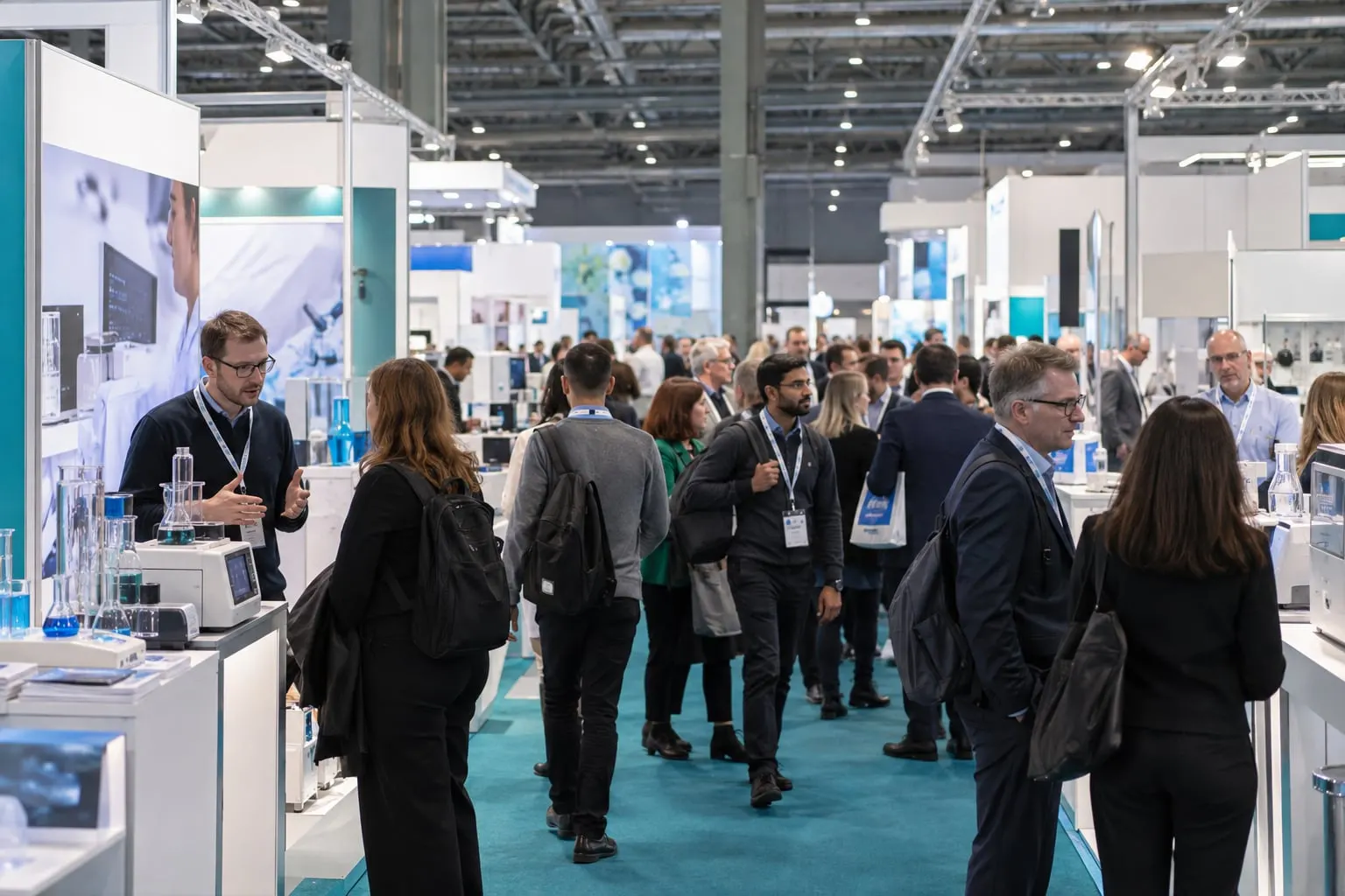Illustrative laboratory technology exhibition hall with instruments and visitors