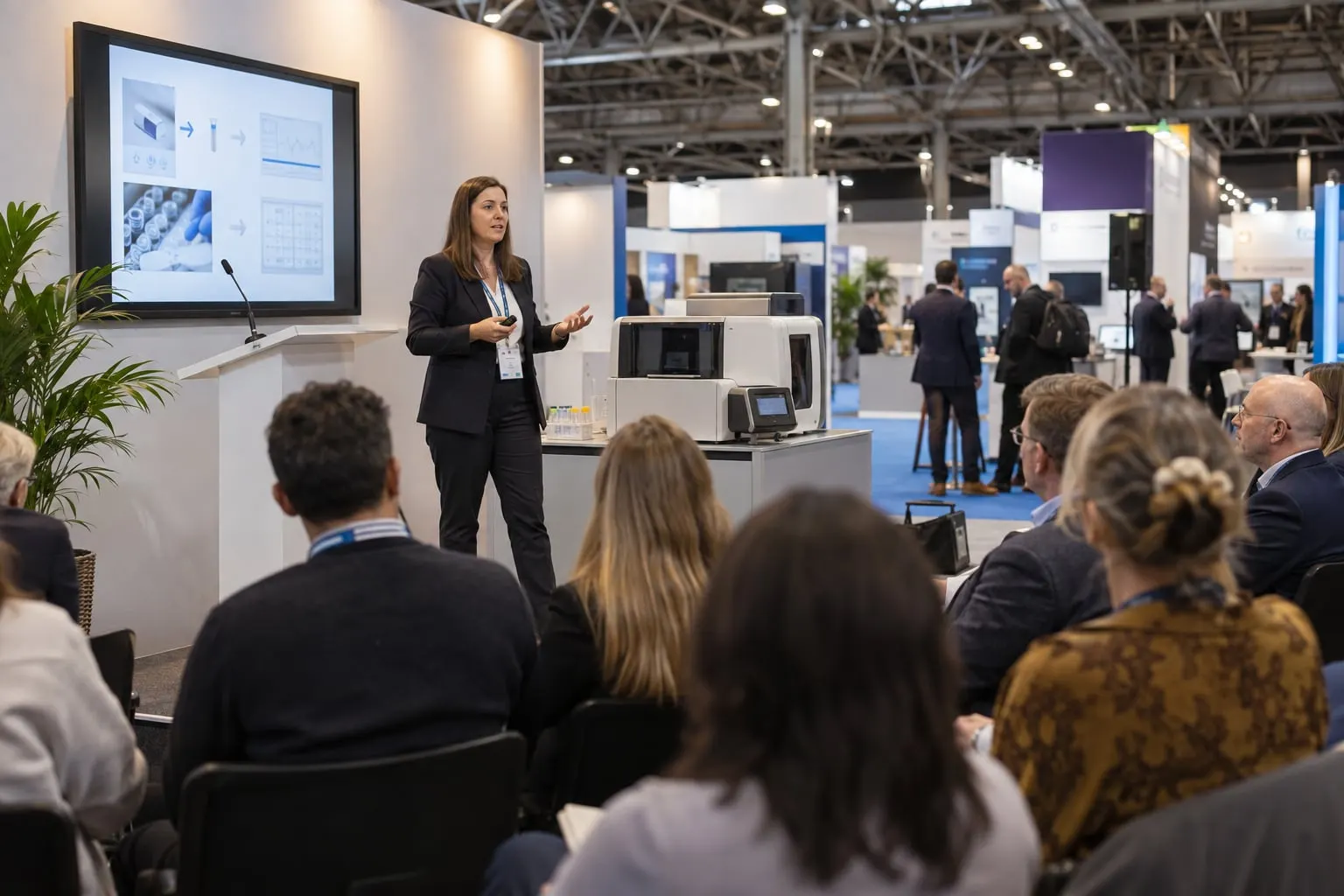 Illustrative laboratory quality-control talk at a trade-show theatre