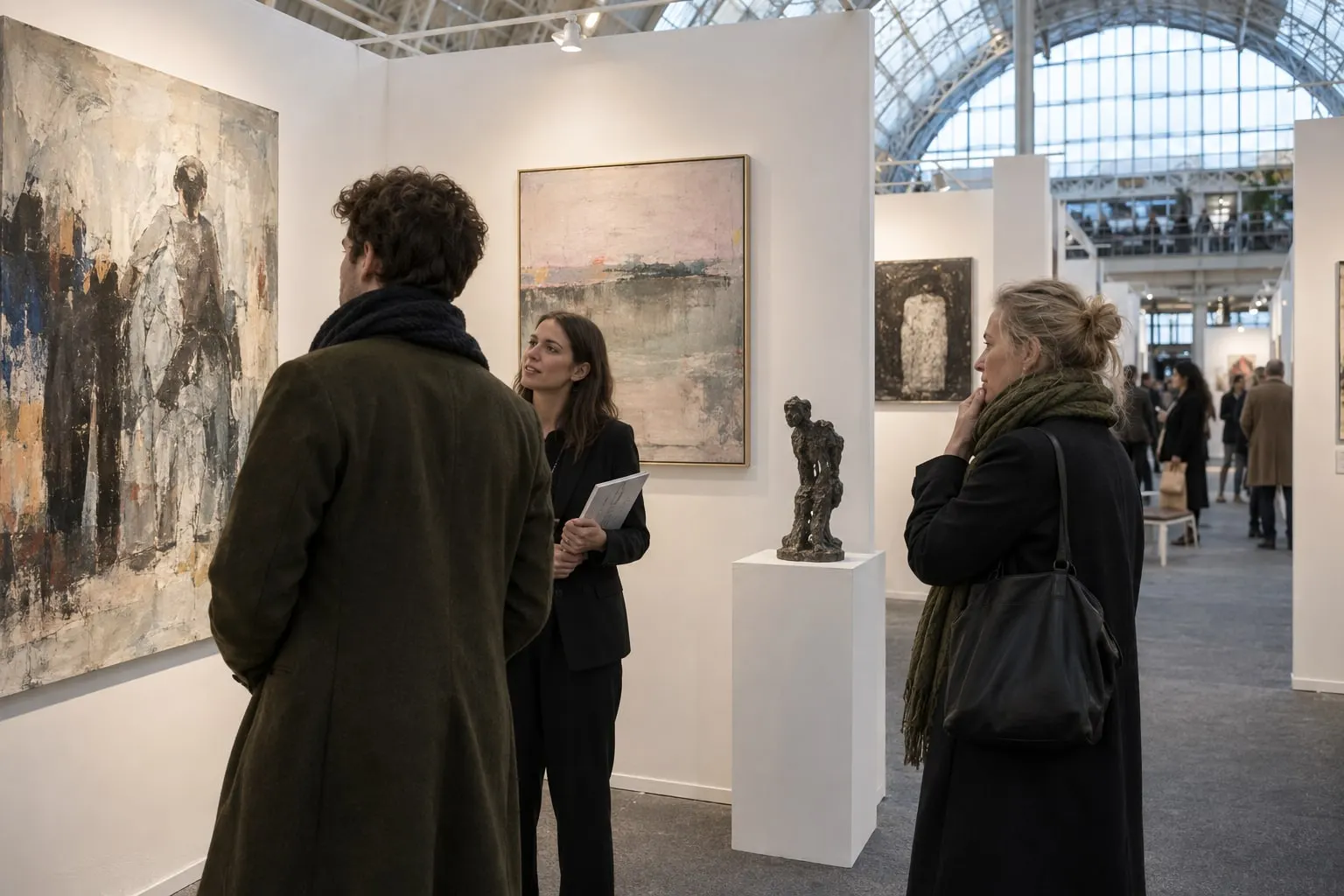 Illustrative visitors studying original contemporary art in a Business Design Centre gallery stand