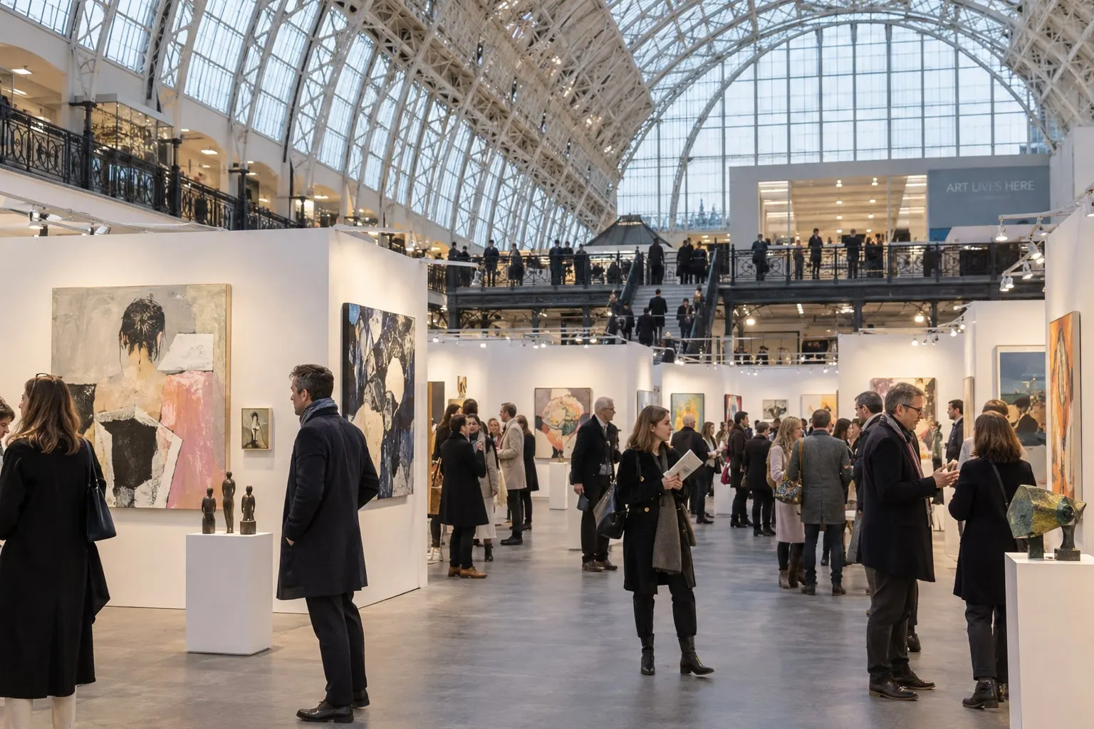 Illustrative London Art Fair-style gallery stands beneath the Business Design Centre glass roof