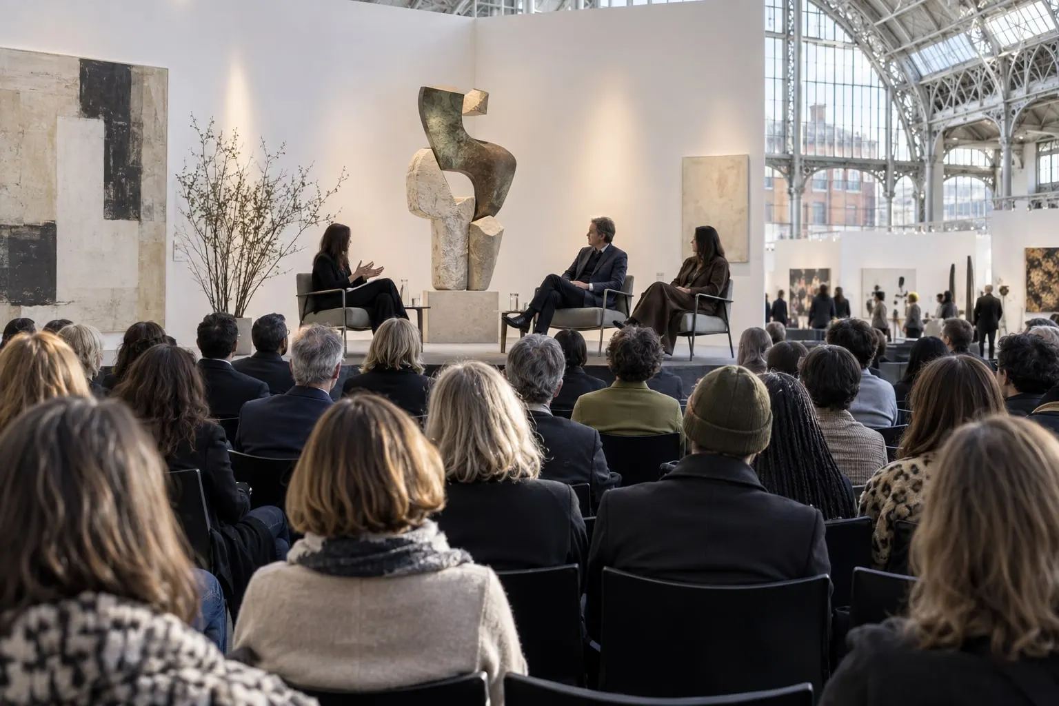 Illustrative art conversation and audience in the Business Design Centre hall