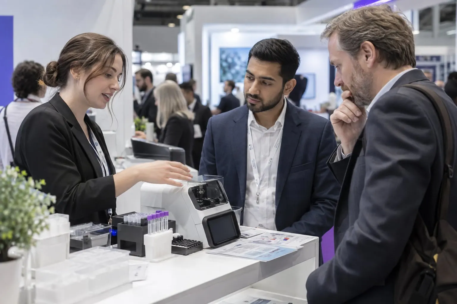 Illustrative diagnostic instrument discussion at a biotechnology stand