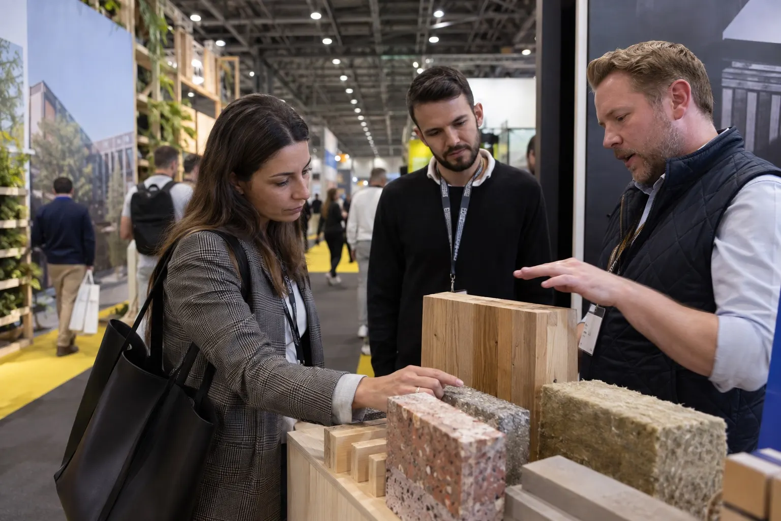 Illustrative discussion of timber, brick and insulation samples at a construction exhibition stand