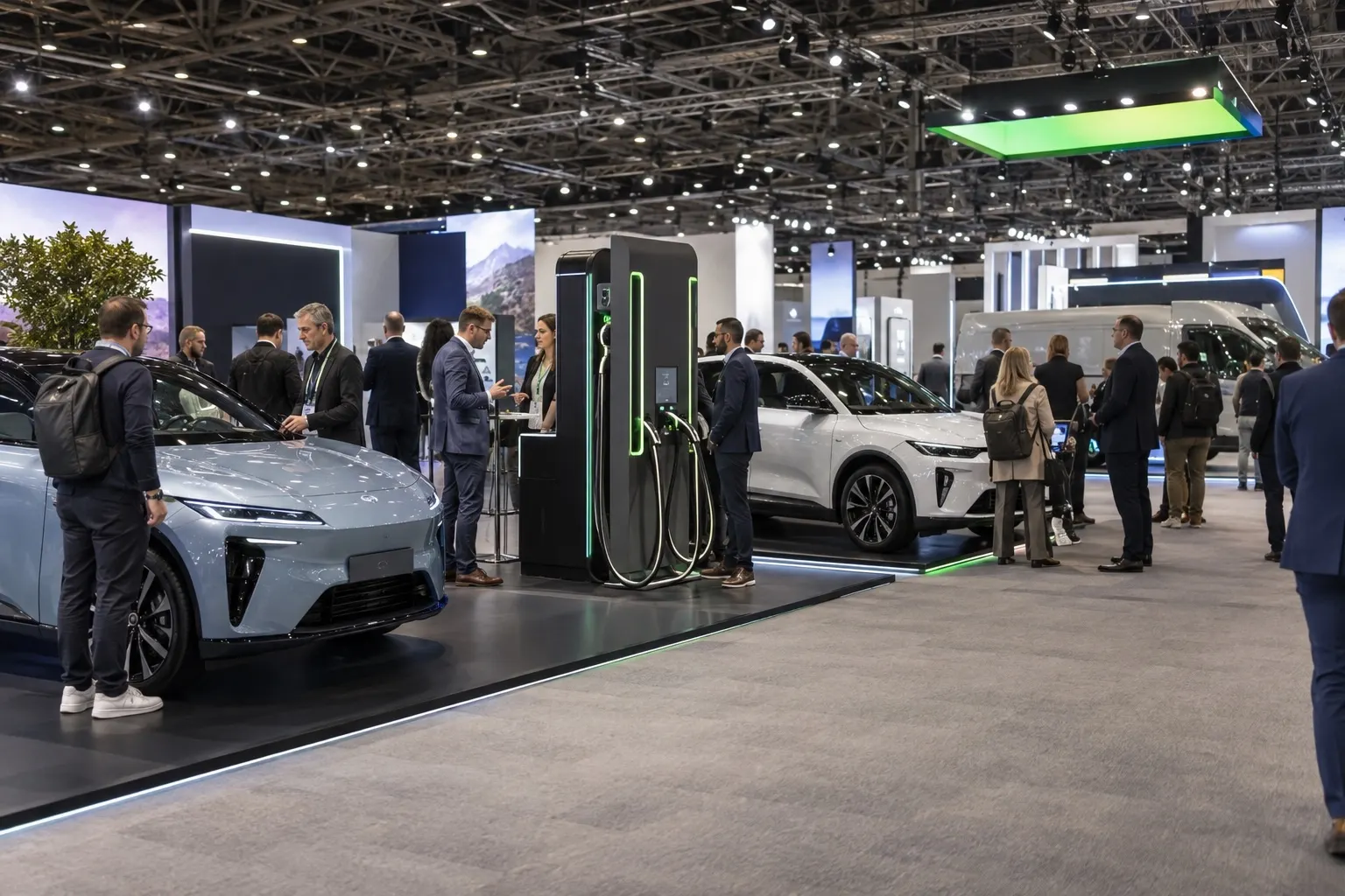 Illustrative London EV Show-style exhibition hall with electric cars, chargers and delegates