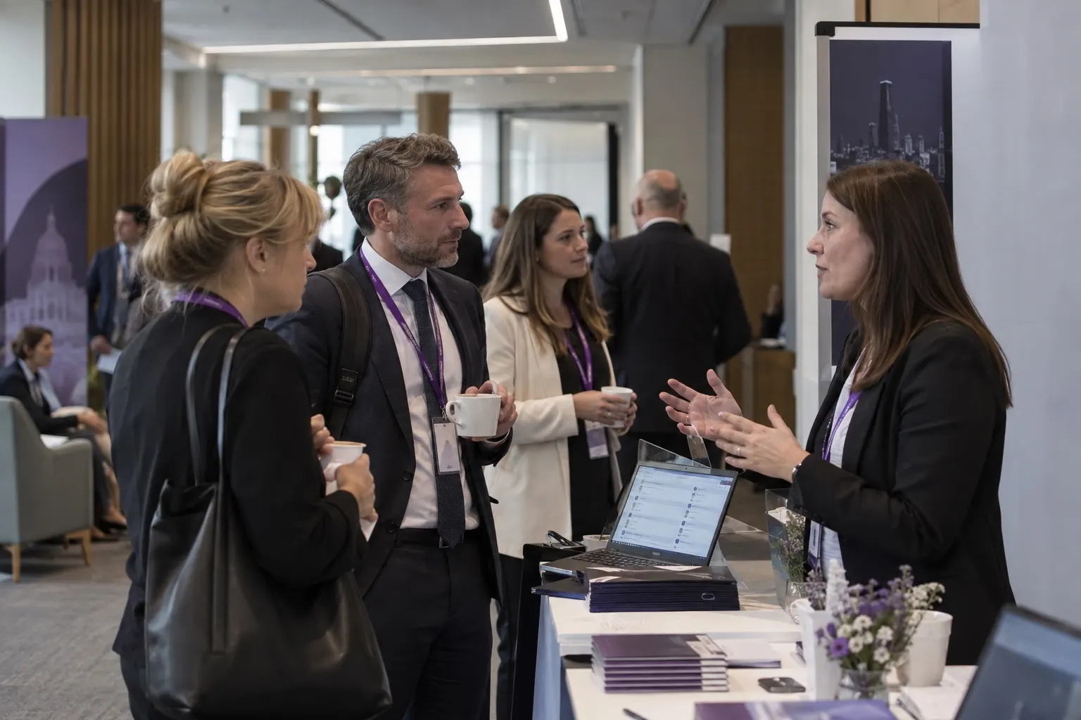Illustrative legal professionals discussing operations at a conference supplier stand