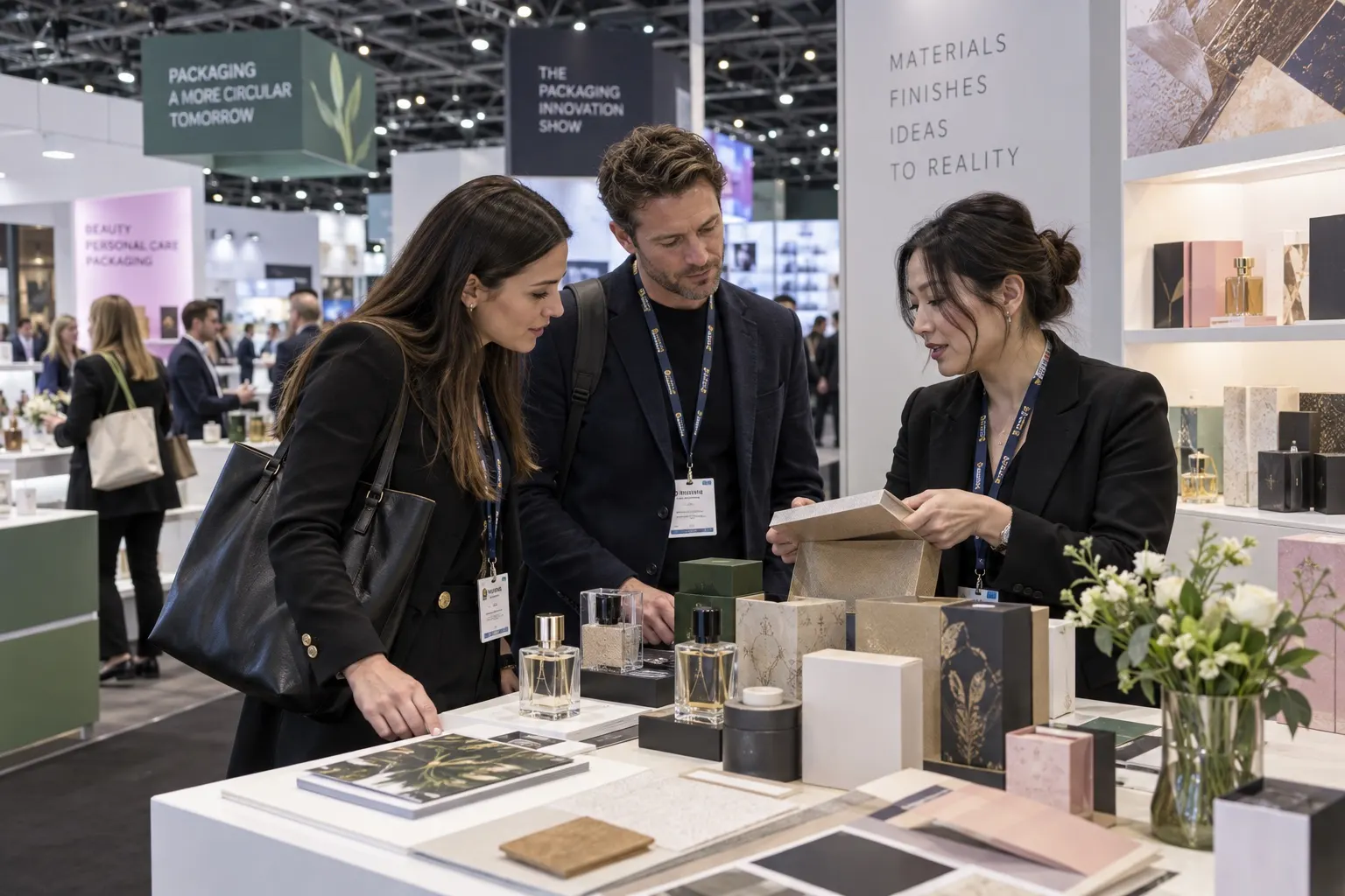 Illustrative buyers and supplier discussing luxury packaging samples at a trade stand