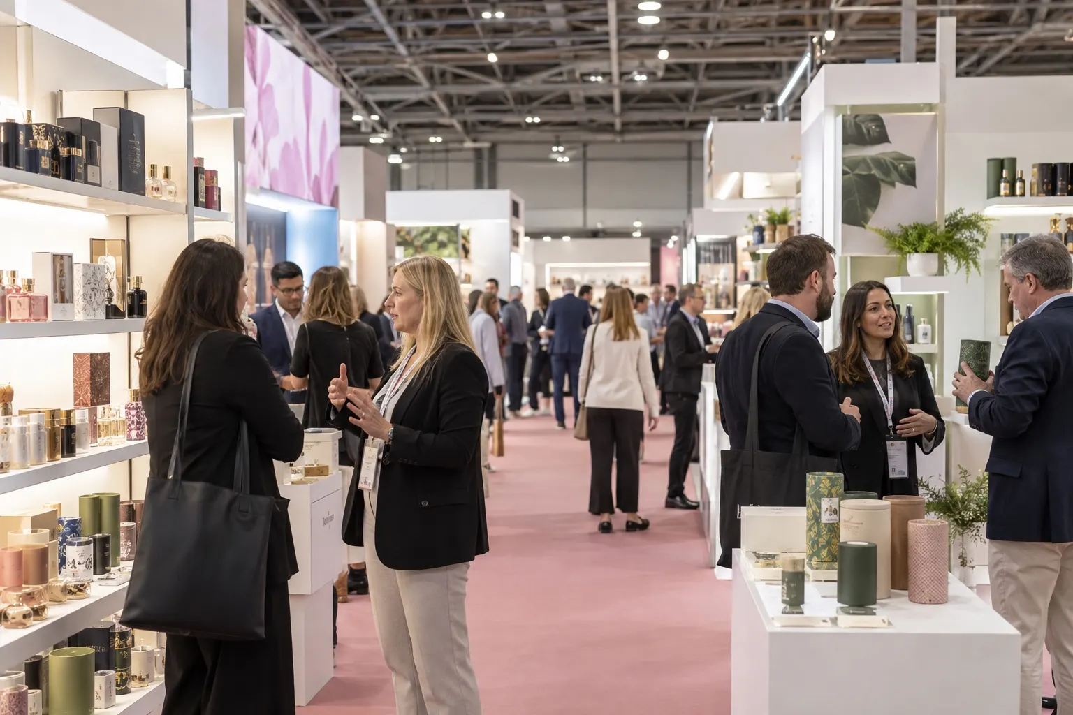 Illustrative London packaging trade hall with luxury, beauty and consumer product displays