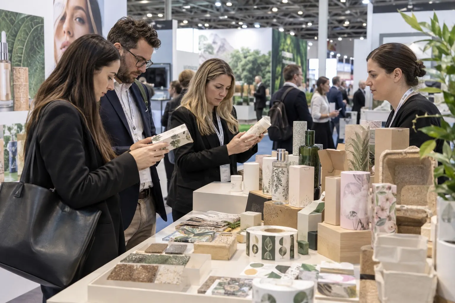 Illustrative visitors examining sustainable packaging materials and product formats