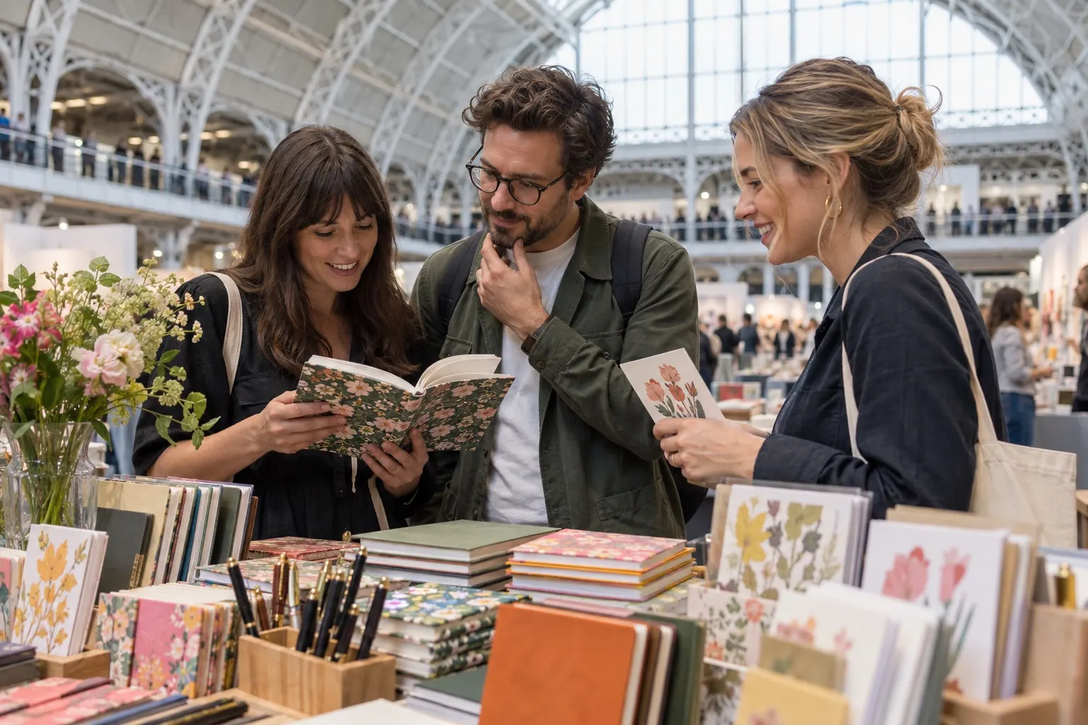 Illustrative stationery buyers examining journals and paper goods at an Islington trade stand