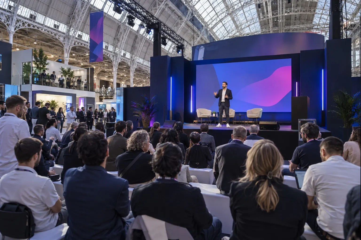 Illustrative technology founder speaking to a conference audience at Olympia London