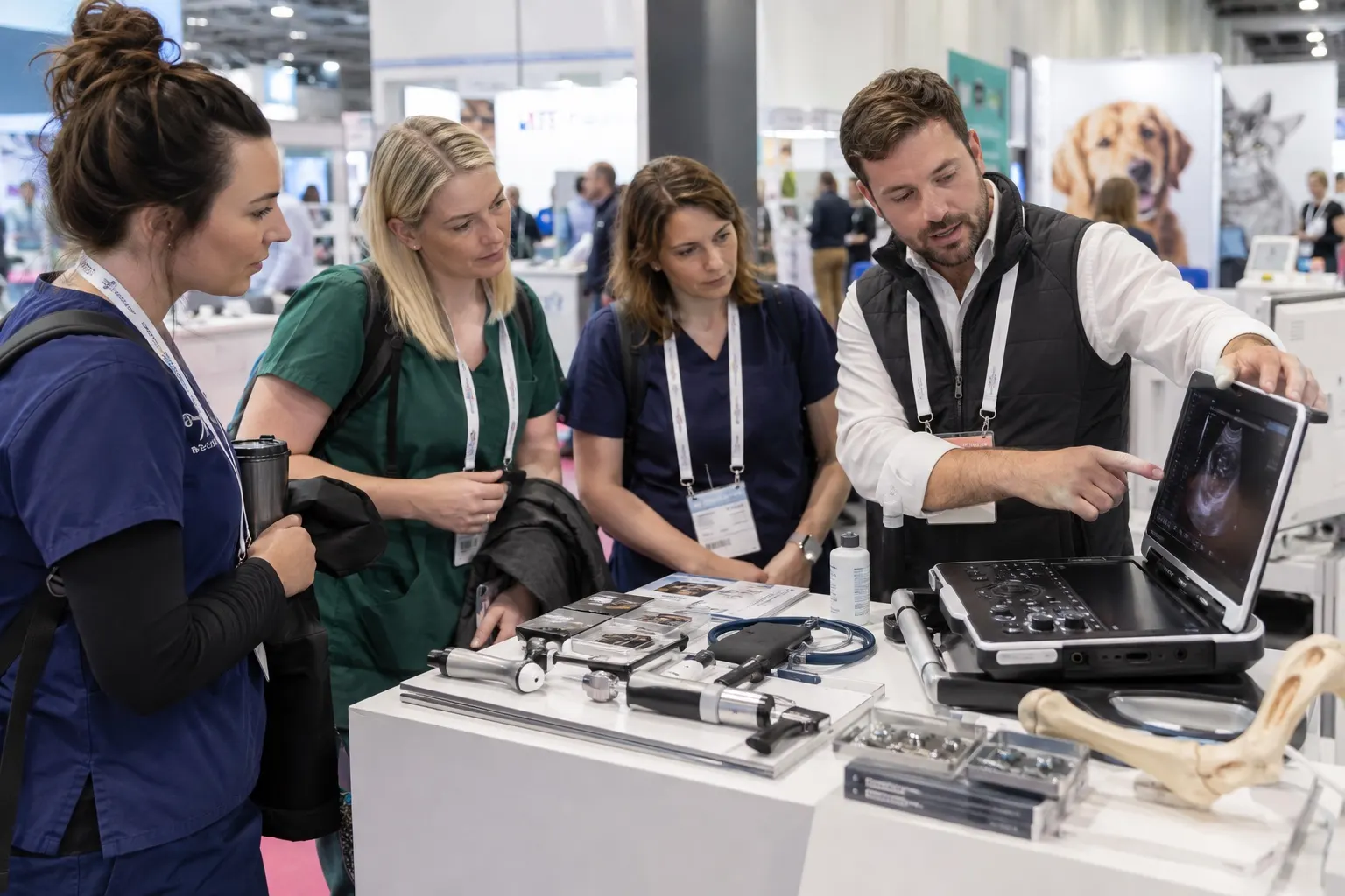 Illustrative veterinary professionals discussing diagnostic ultrasound equipment at a trade stand