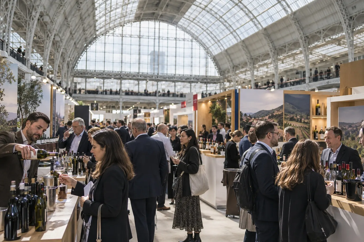 Illustrative wine trade exhibition beneath the vaulted roof at Olympia London