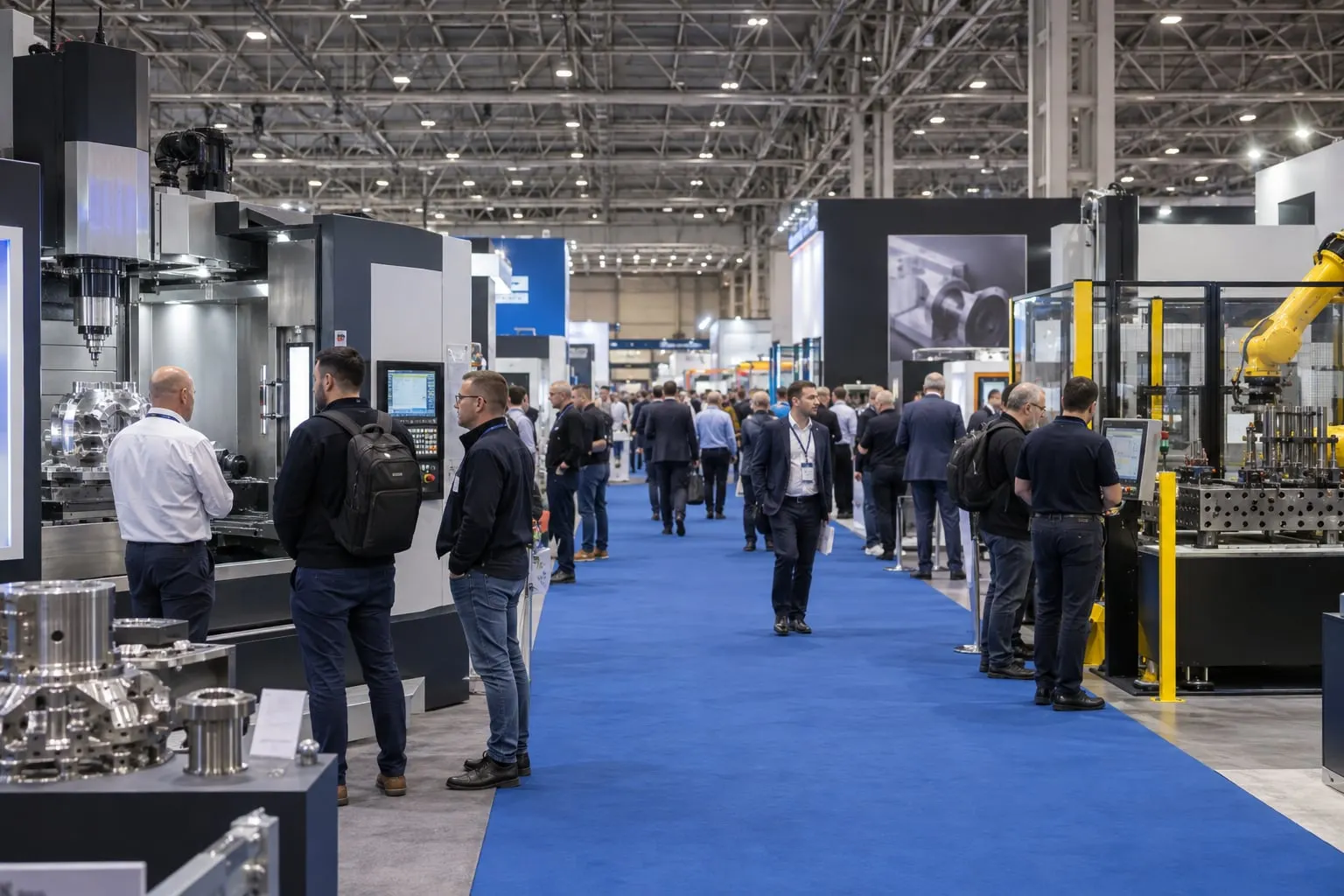 Illustrative MACH-style manufacturing exhibition hall with CNC machinery