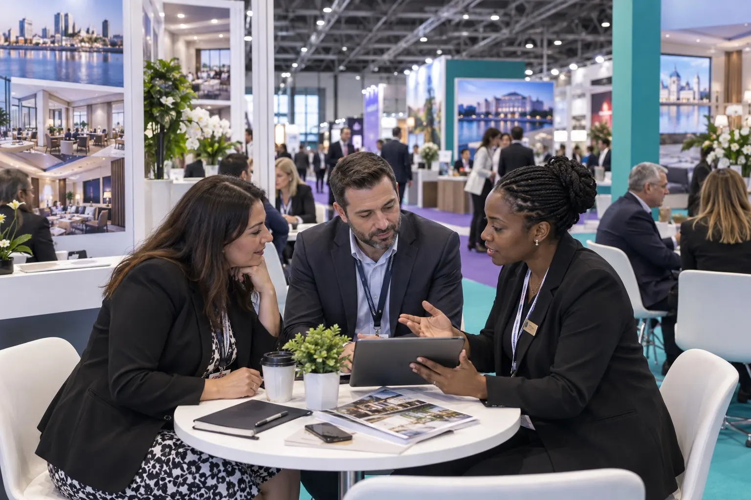 Illustrative hosted-buyer appointment between event planners and a hotel supplier at a trade show