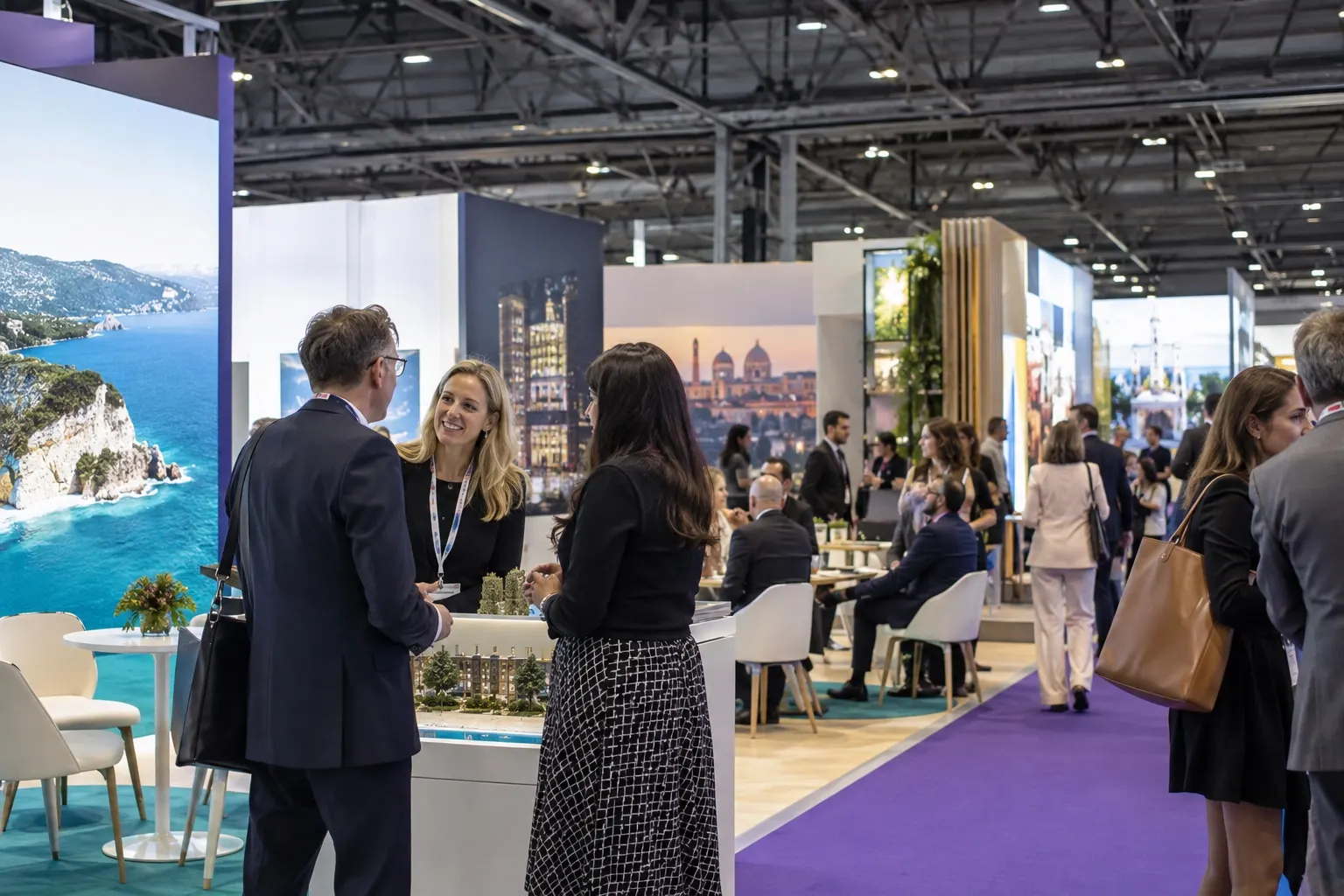 Illustrative meetings-industry exhibition hall with destination and hotel stands at an Excel-like venue