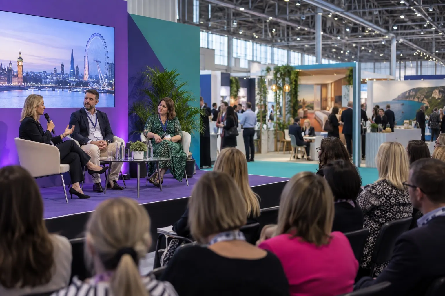 Illustrative meetings-industry education panel and audience within an exhibition hall
