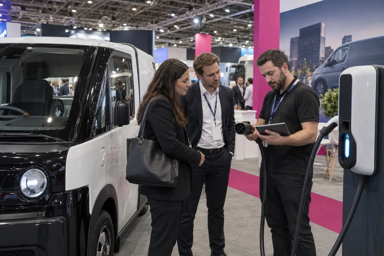 Illustrative fleet delegates discussing commercial electric vehicle charging equipment