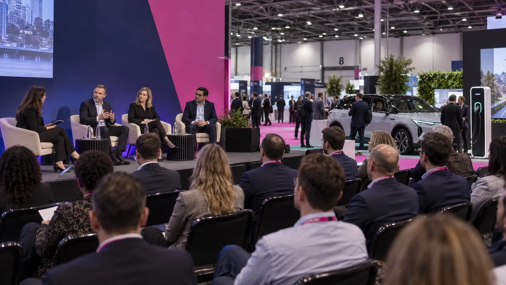 Illustrative mobility-industry panel and audience beside electric vehicle exhibits