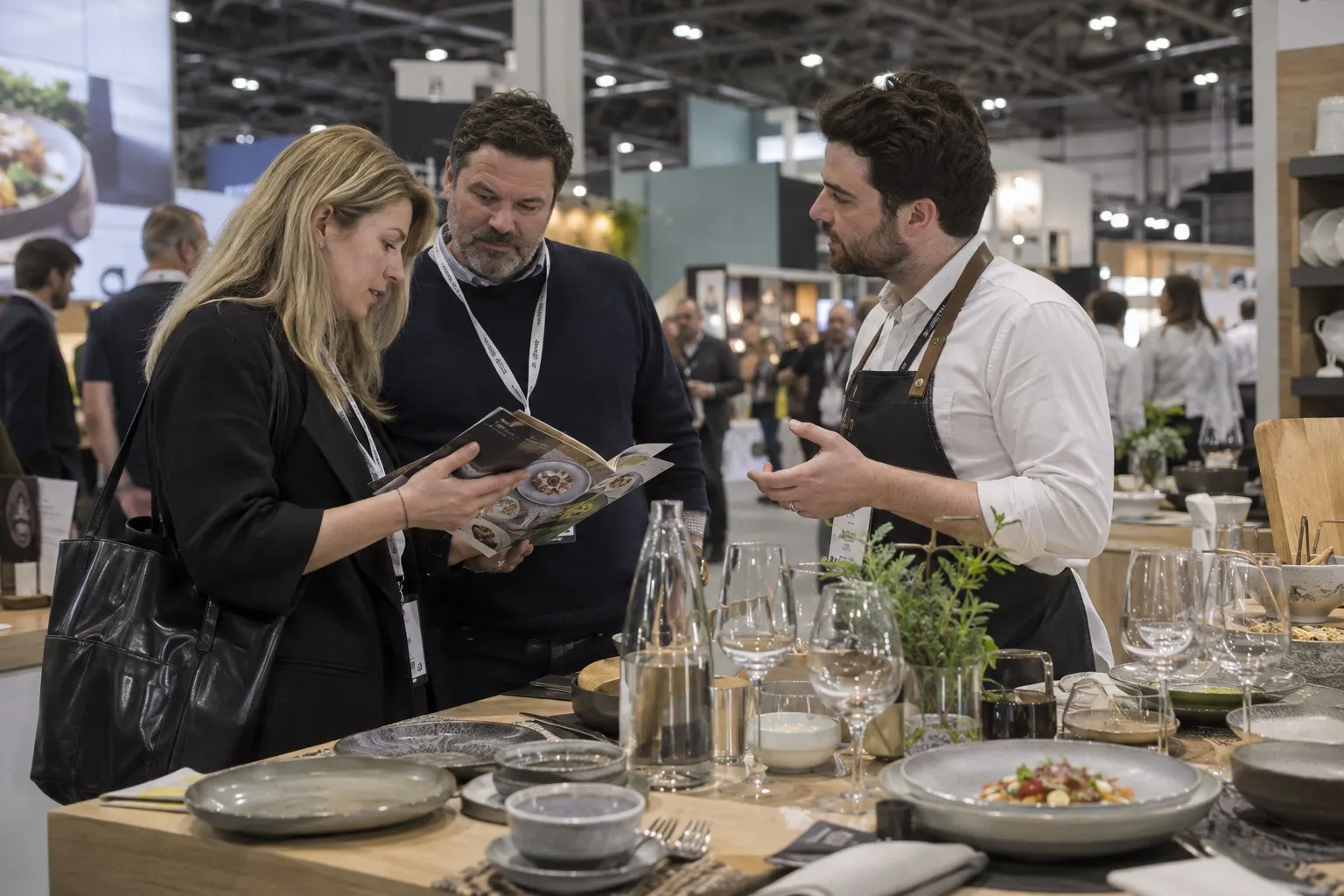 Illustrative restaurant buyers discussing tableware and menu samples with a trade supplier