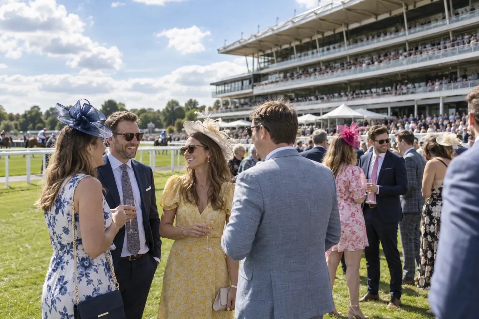 Illustrative Ladies Day racegoers near the Newbury Racecourse grandstand