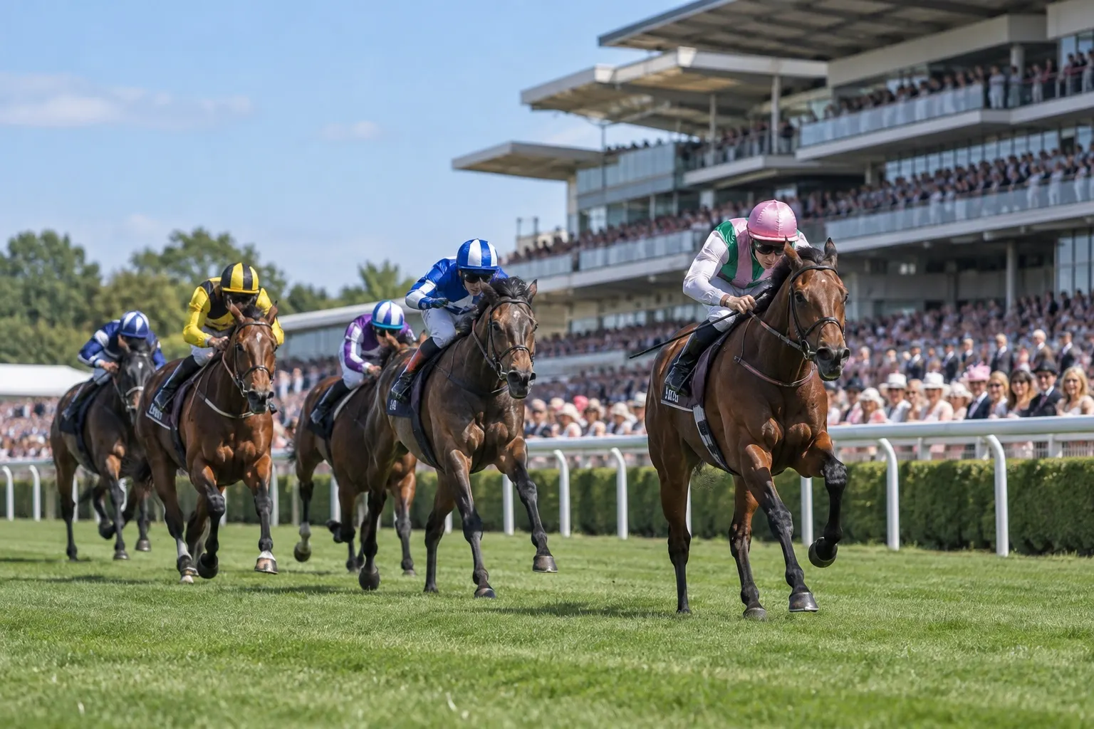 Illustrative flat racing on Newbury Racecourse turf in spring