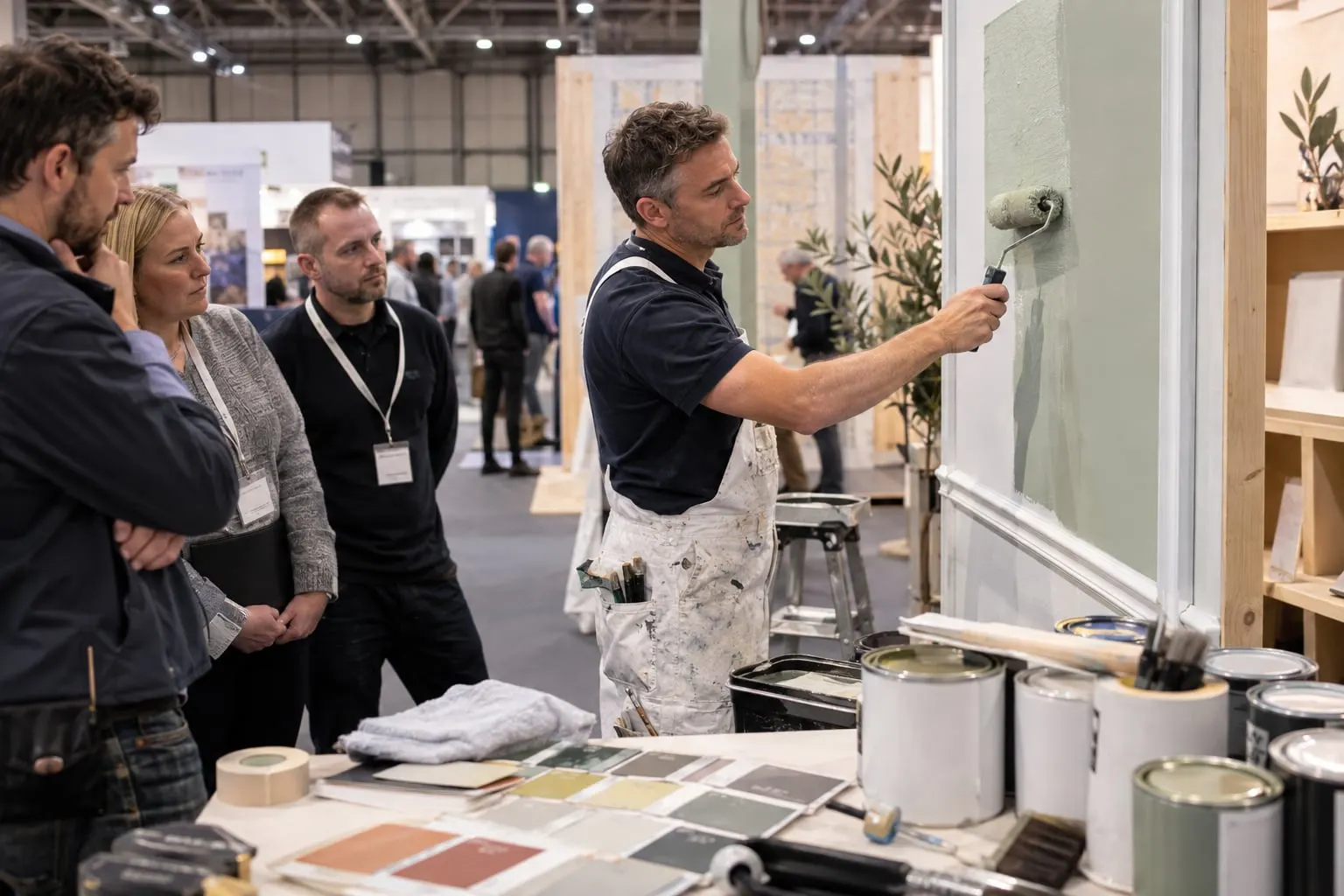 Illustrative decorator demonstrating roller technique to trade-show visitors