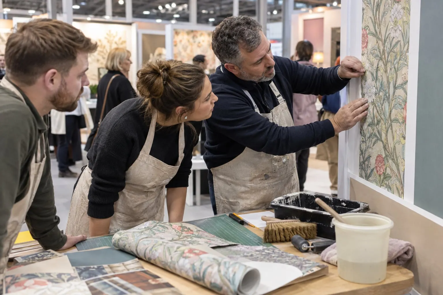 Illustrative wallpapering technique workshop with decorators at a trade show