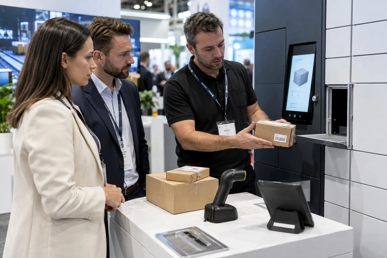 Illustrative parcel locker and scanning demonstration at a logistics trade stand