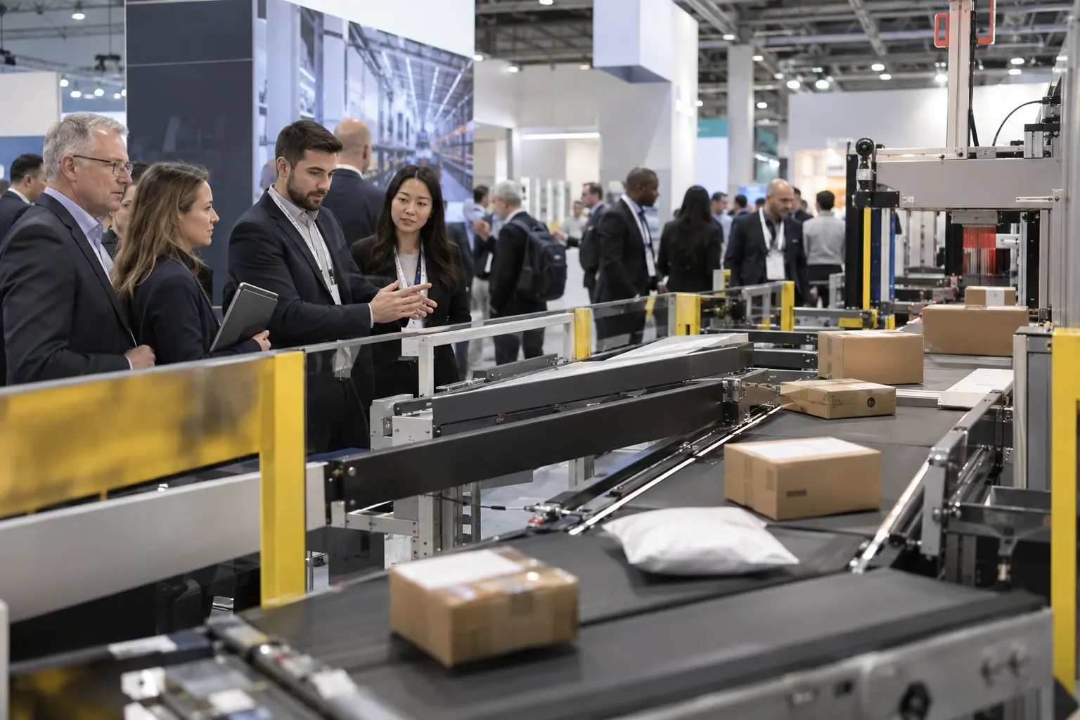 Illustrative parcel-sorting technology display at a postal trade exhibition