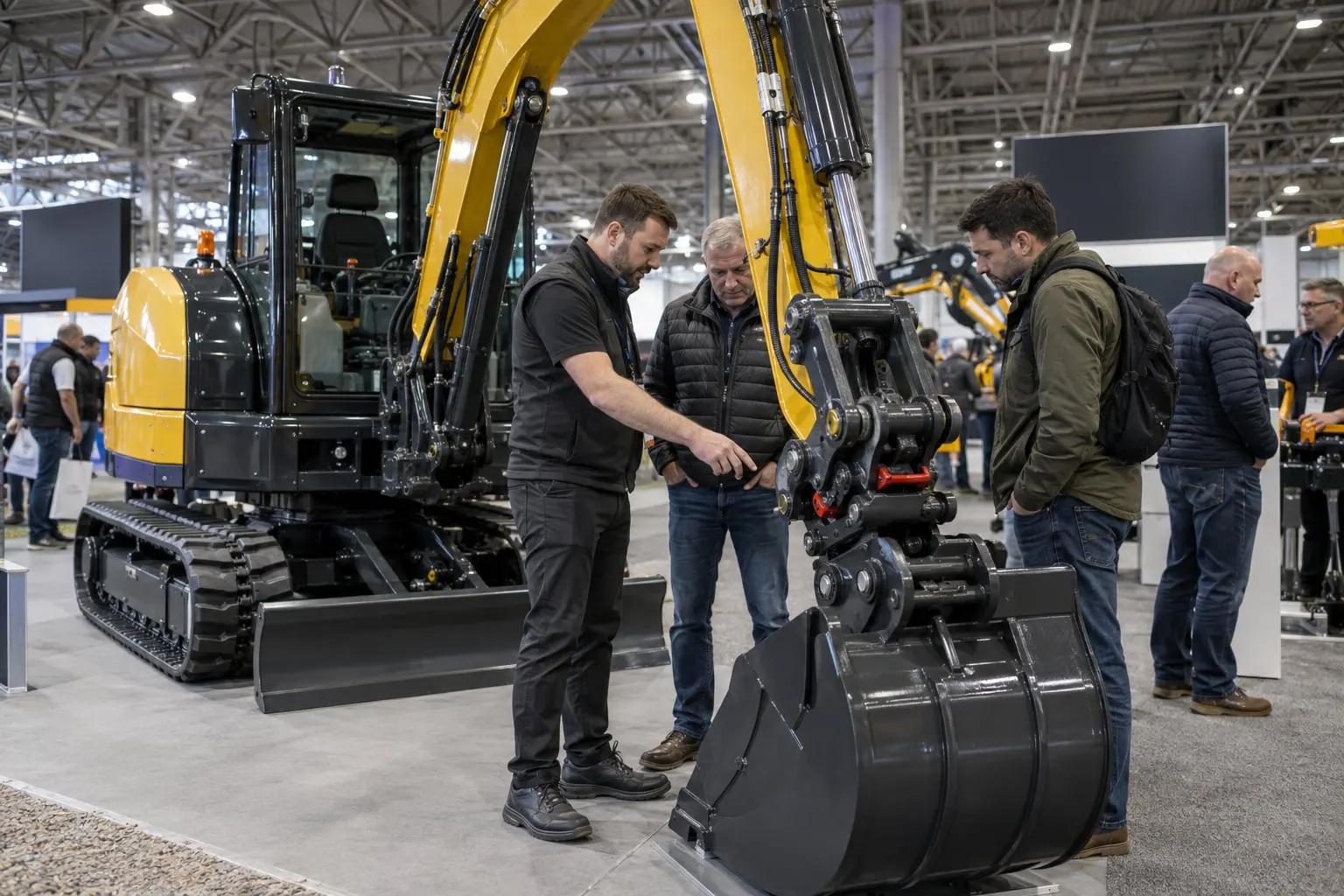 Illustrative excavator attachment discussion in a construction trade hall
