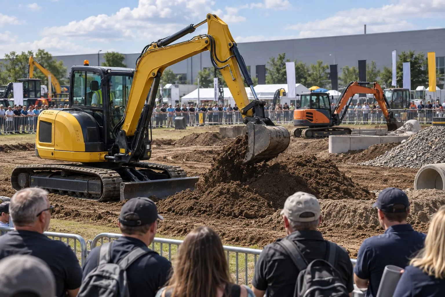 Illustrative construction excavator demonstration in a fenced outdoor arena