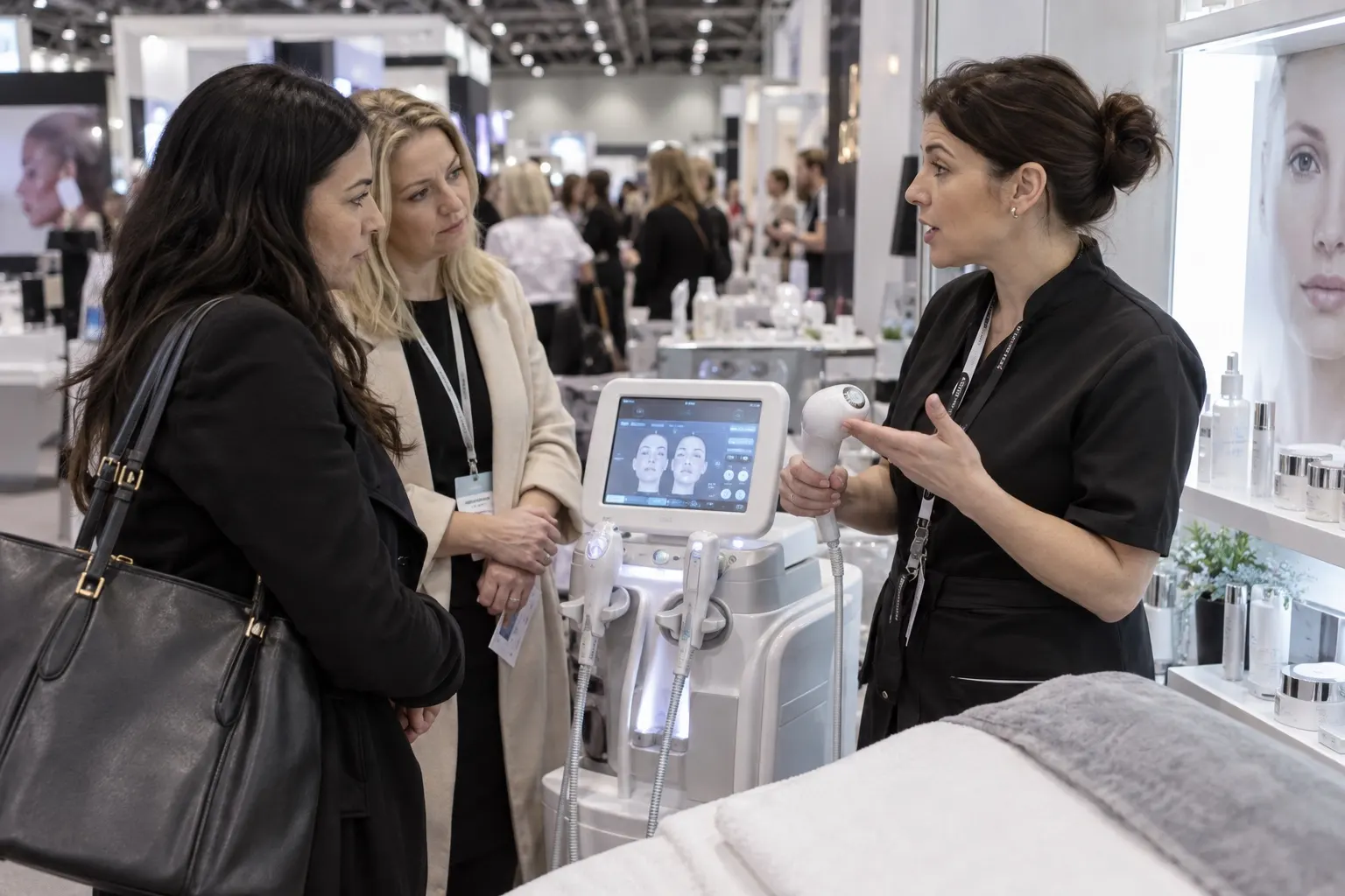 Illustrative skincare treatment device demonstration for salon buyers at a beauty trade show