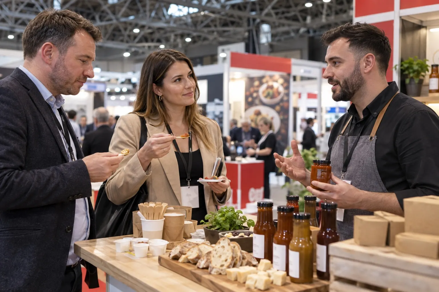 Illustrative hospitality buyers sampling food at a trade exhibition stand