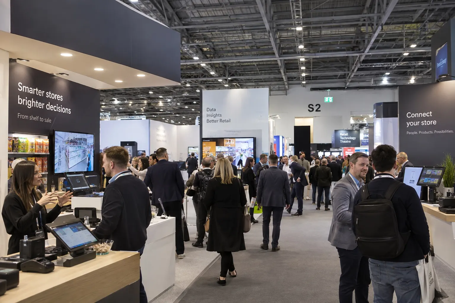 Illustrative Retail Technology Show-style exhibition hall with retail systems and buyer meetings
