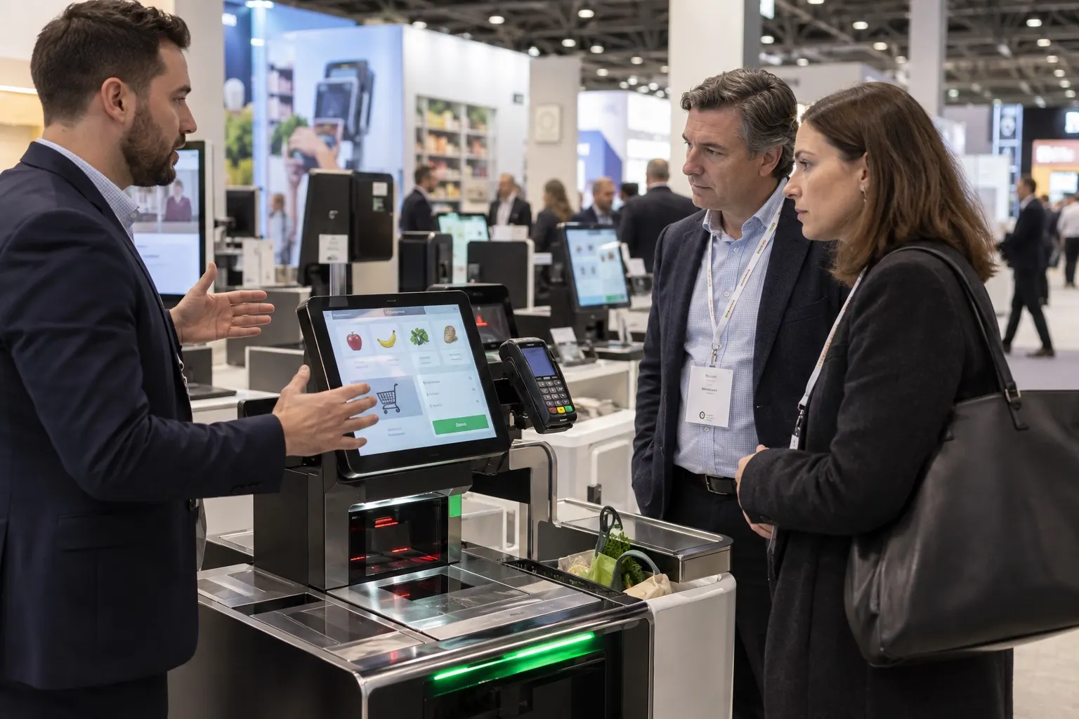 Illustrative retailer buyers discussing a point-of-sale demonstration at a trade stand
