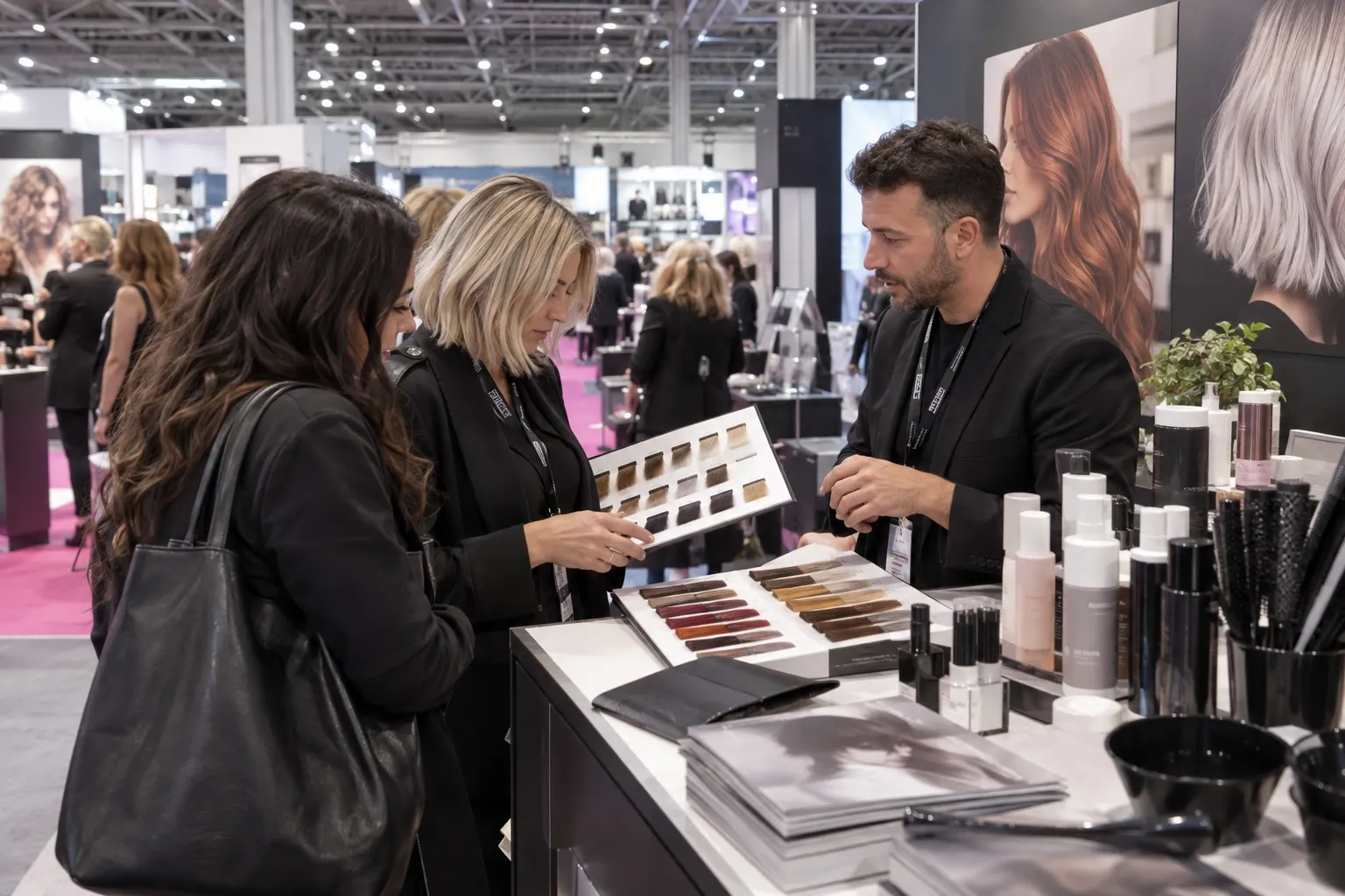 Illustrative salon buyers examining professional hair colour samples at a trade stand