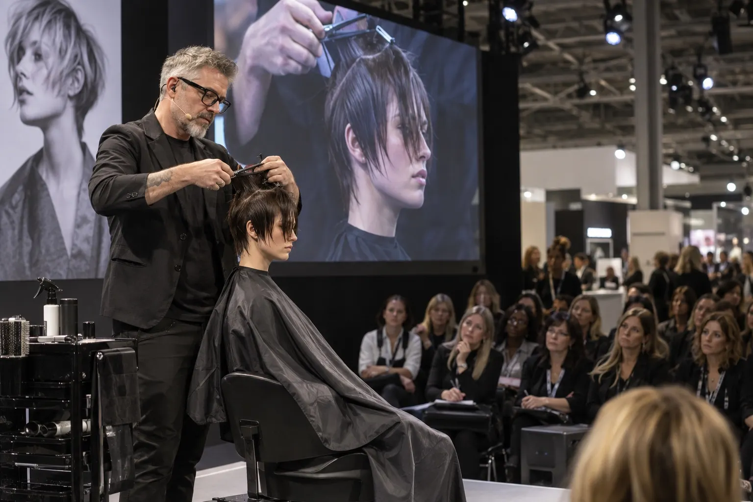 Illustrative hairdressing education stage with a stylist and professional audience