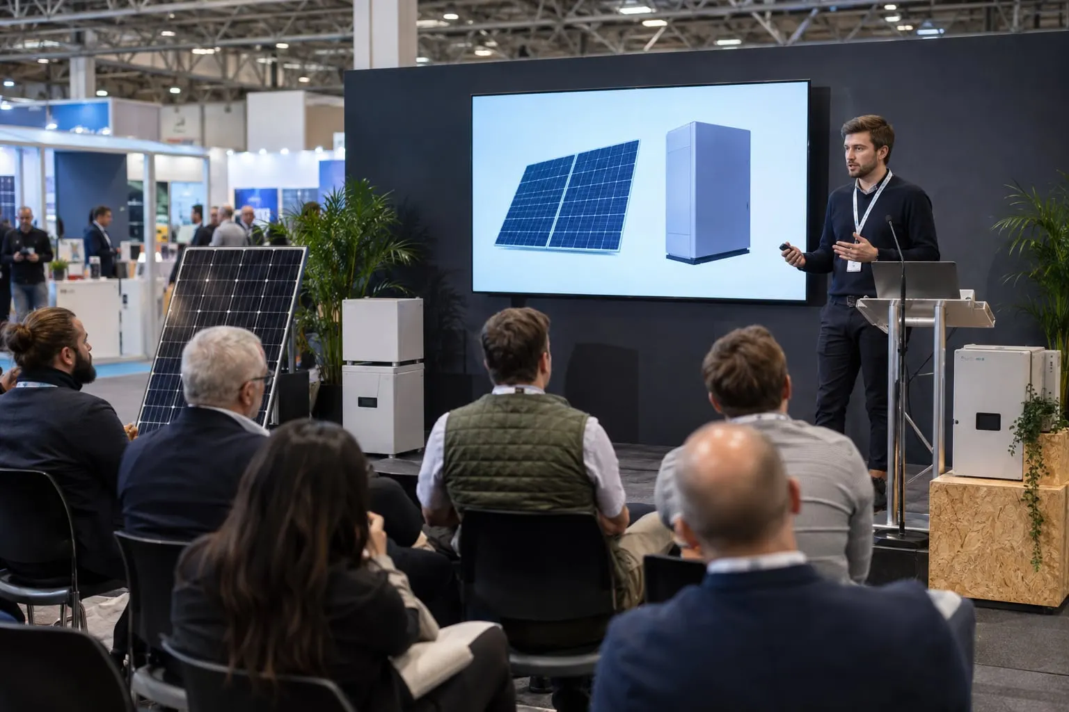Illustrative solar and storage project seminar with presenter and attendees