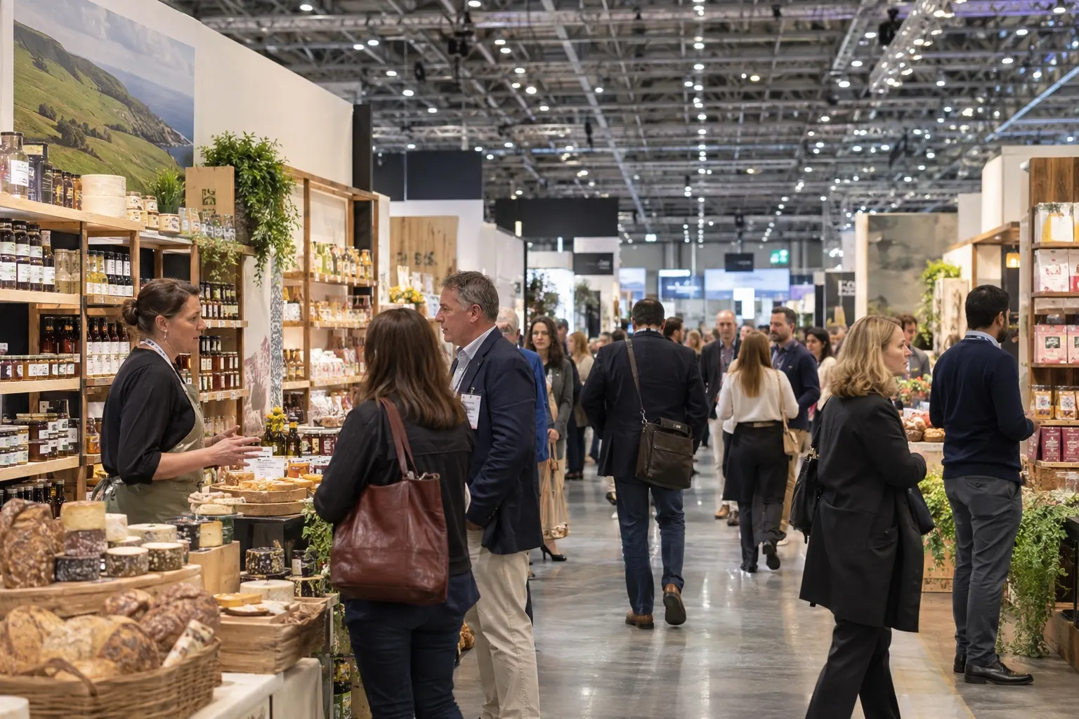 Illustrative speciality food and drink trade exhibition hall with artisanal producer stands