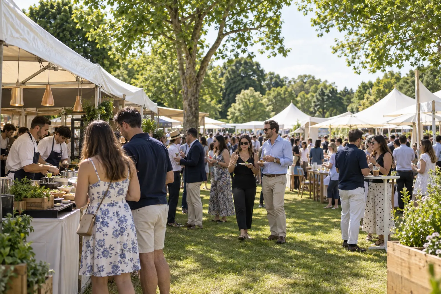 Illustrative summer food festival among restaurant stalls in Regent’s Park