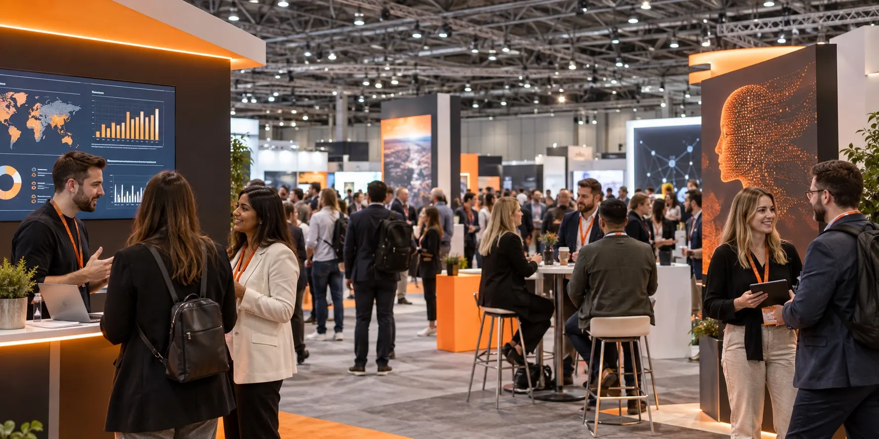 Illustrative marketing technology exhibition hall with orange-accented software stands
