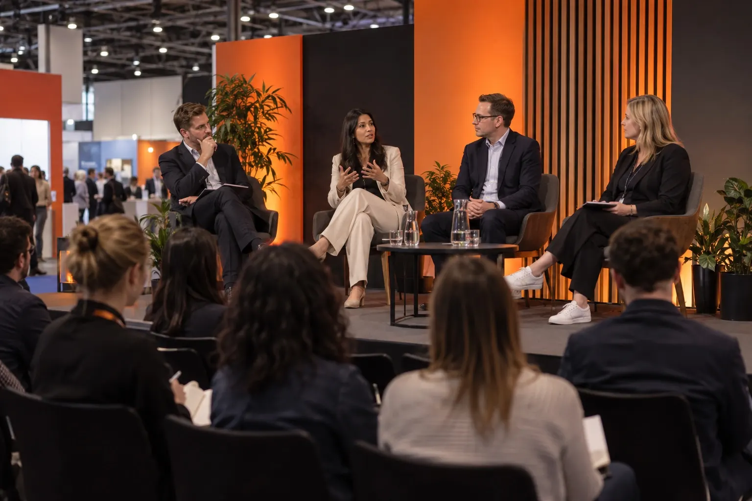 Illustrative marketing and AI panel discussion at an Excel-like trade show