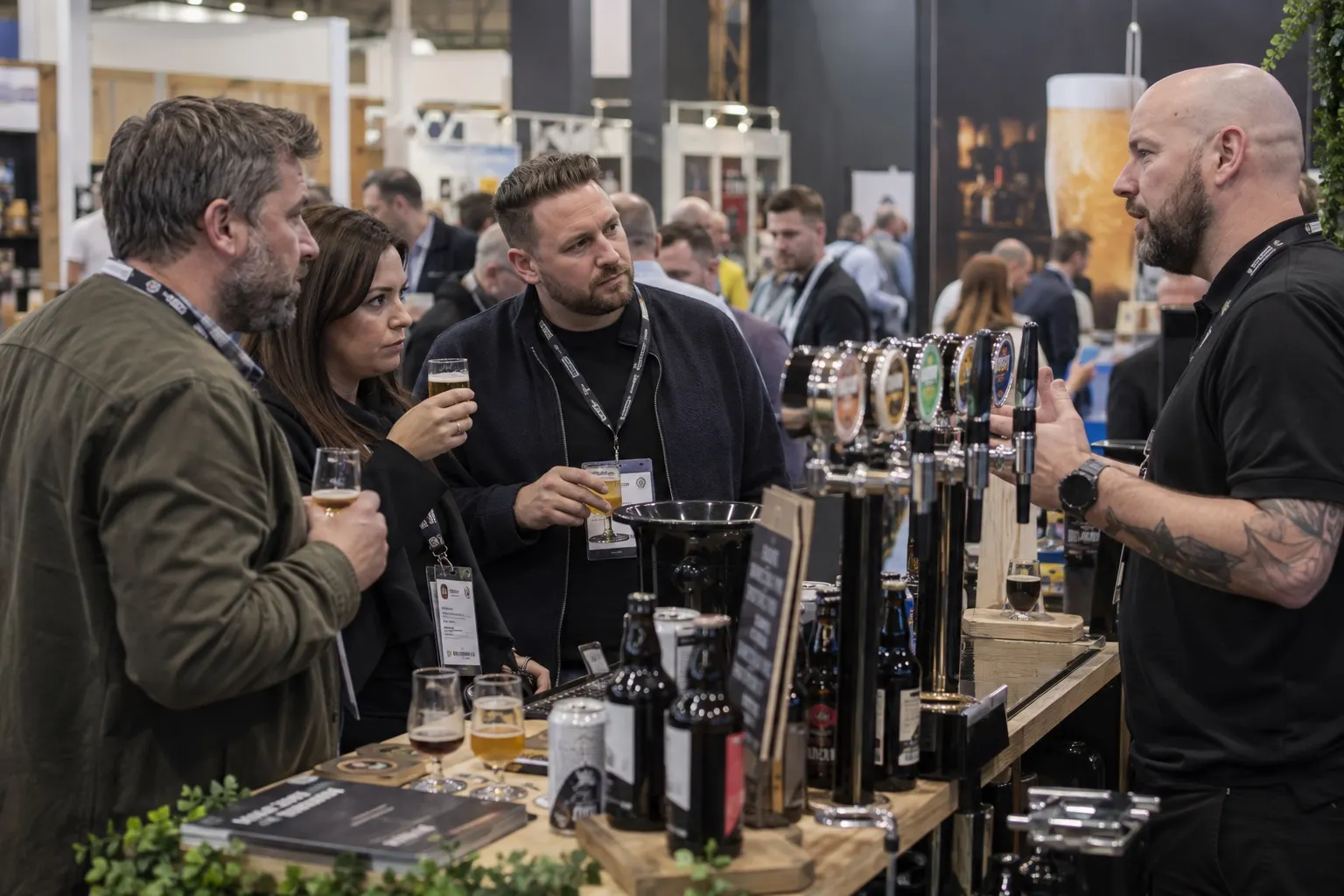 Illustrative pub operators discussing a drinks range with a supplier at a trade stand