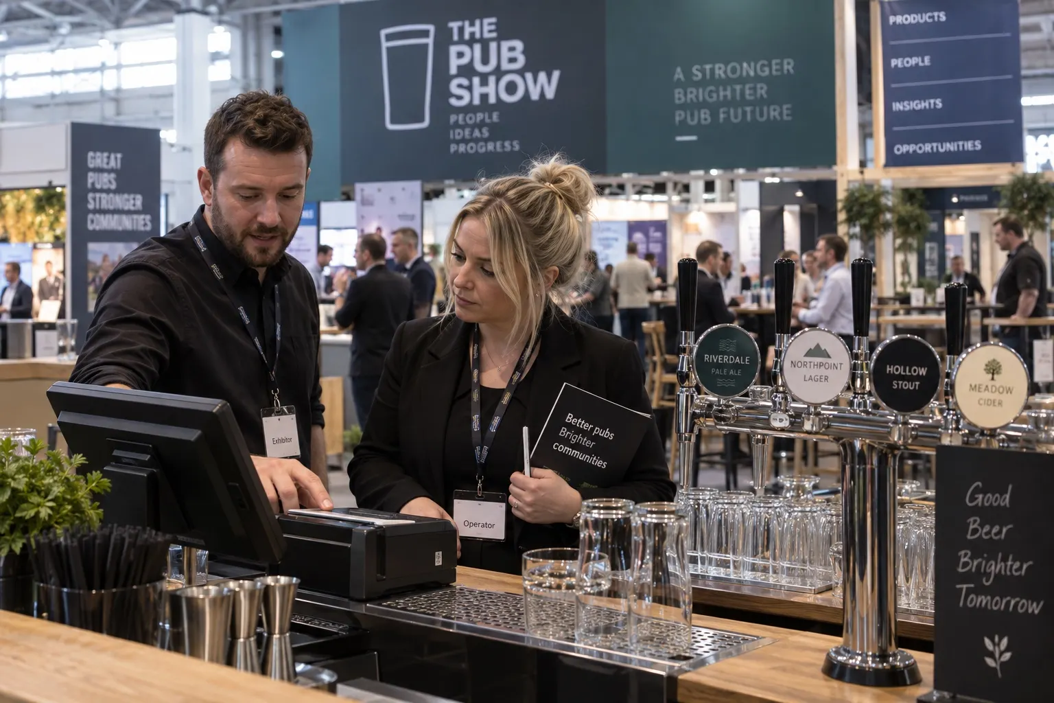 Illustrative pub operator viewing bar equipment and point-of-sale systems at an exhibition
