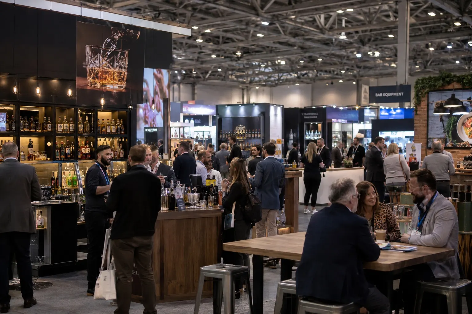 Illustrative pub-sector trade exhibition hall with drinks and hospitality supplier stands