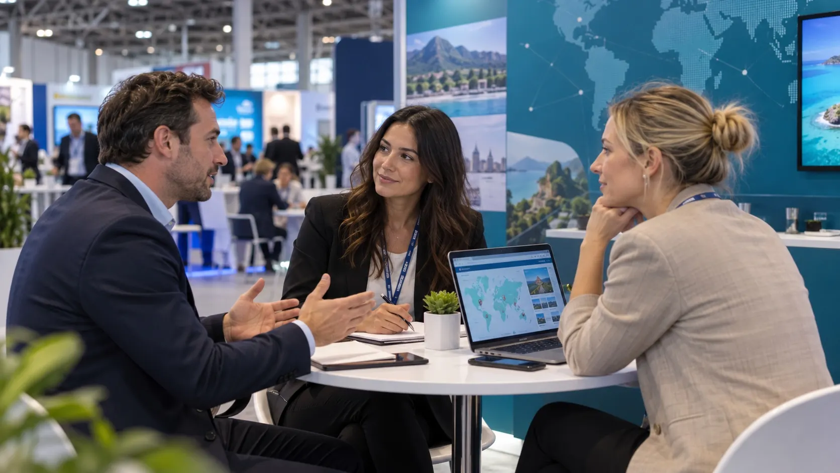 Illustrative travel-business buyer and technology supplier discussing a booking system at the show