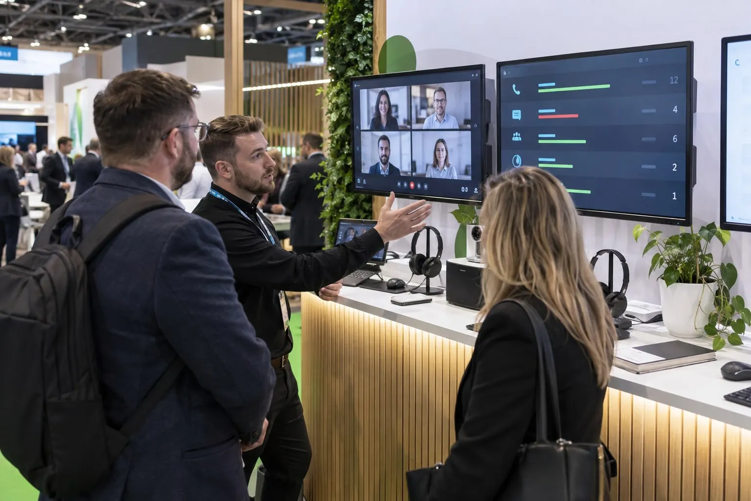 Illustrative video collaboration and contact-centre demonstration at a UCX London-style stand